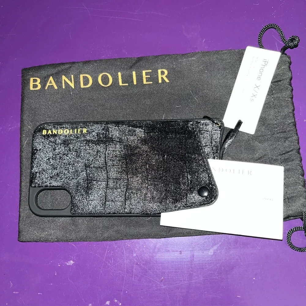 Bandolier black velvet phone case crossbody strap fits IPhone X & XS card slot
